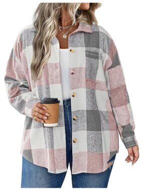 Plus Size Plaid Shacket Oversized Flannel Jacket Long Sleeve Button Front
